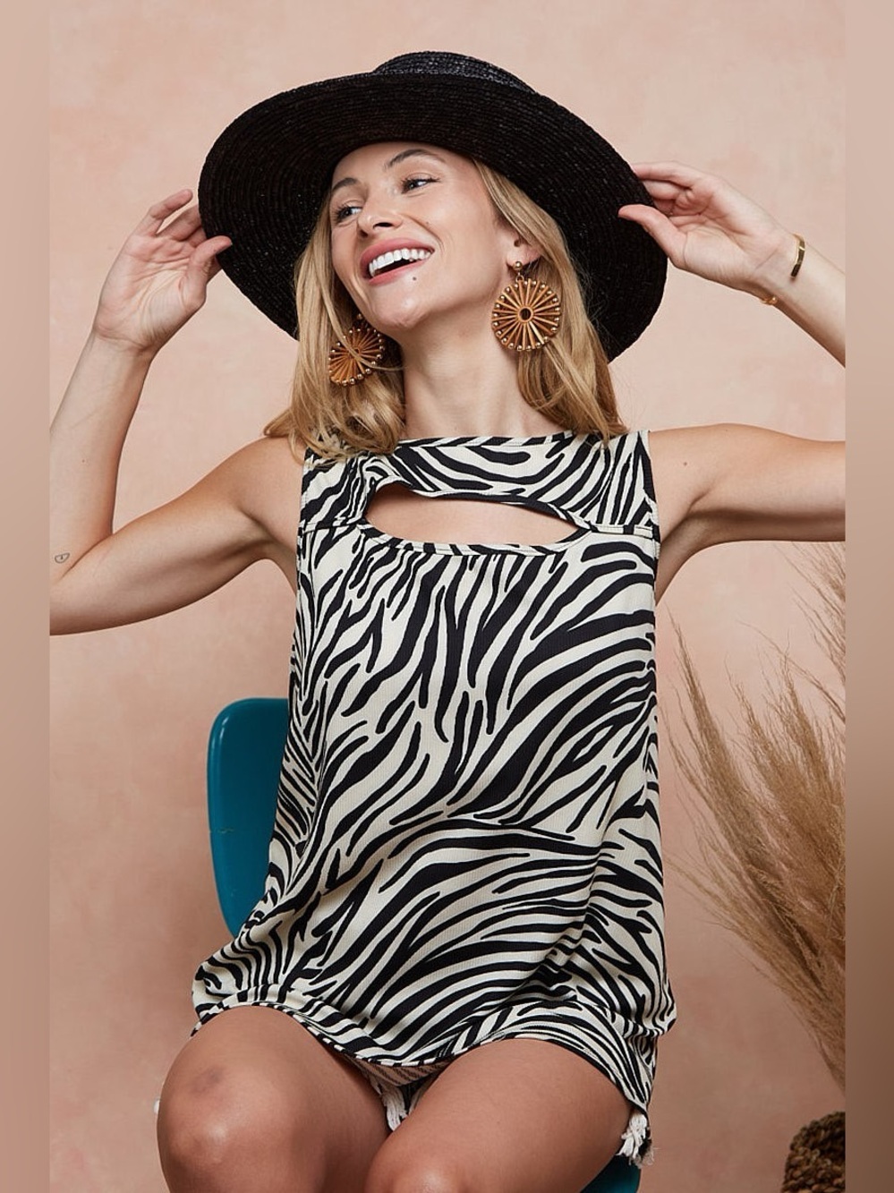 BiBi Zebra Printed Rib with Cut Out Front Sleeveless